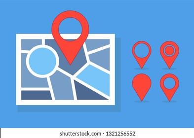 Cartoon picture of maps, road map with with different map marker pointer, GPS location symbol. Vector illustration. 
Blue background.