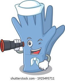 A cartoon picture of medical gloves Sailor using binocular