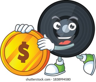 cartoon picture of music viynl disc rich character with a big gold coin. Vector illustration