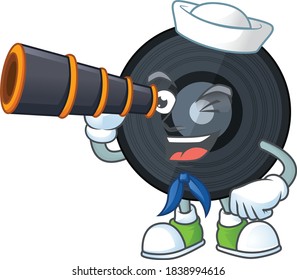 cartoon picture of music viynl disc in Sailor character using a binocular. Vector illustration