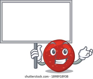 Cartoon picture of peperoni mascot design style carries a board. Vector illustration