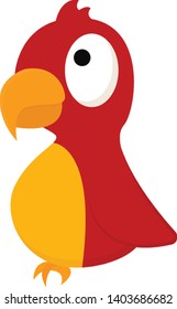 La imagen de caricatura de un pájaro rojo con la aguda letra curvada amarilla con los ojos enrollados está encaramada y aislada en fondo blanco visto desde un costado, vector, dibujo de color o ilustración.