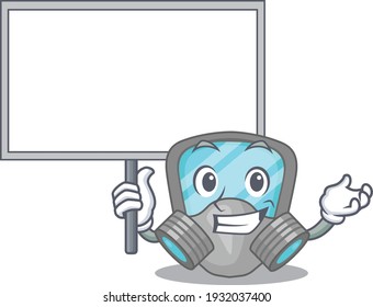 Cartoon picture of respirator mask mascot design style carries a board