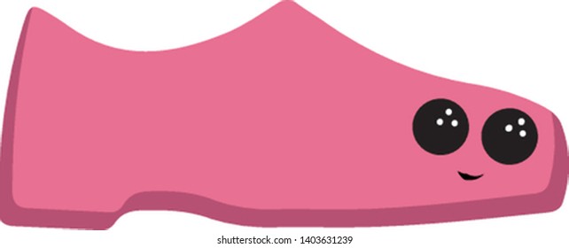 Cartoon picture of a shoe with low heel has a face with two eyes rolled top-left is smiling set isolated over white background viewed from the side, vector, color drawing or illustration.
