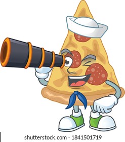 cartoon picture of slice of pizza in Sailor character using a binocular. Vector illustration