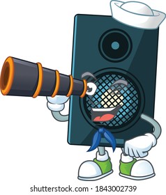 cartoon picture of sound system in Sailor character using a binocular. Vector illustration