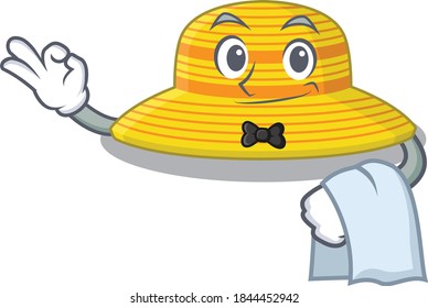 A cartoon picture of summer hat waiter with a white napkin