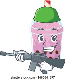 A cartoon picture of taro bubble tea in Army style with machine gun