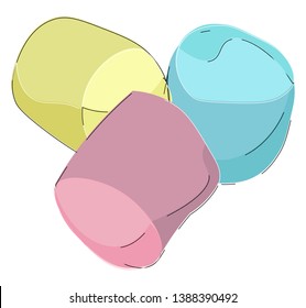 Cartoon picture of three marshmallows in blue  pink and yellow colors  is ready to be enjoyed by someone  vector  color drawing or illustration