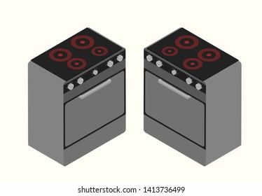 Cartoon picture with two different electric kitchen stove, oven. Isometric style vector illustration with background.