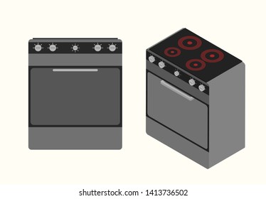 Cartoon picture with two different electric kitchen stove, oven. Flat and isometric style vector illustration with background.
