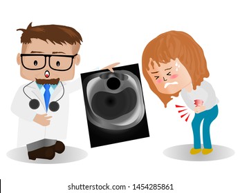 cartoon picture, Uterus, ovaries, Ovarian cysts and abnormalities in cells, Close to each other, woman standing  closed to her stomach because of abdominal pain and a male doctor holding a X-ray film.