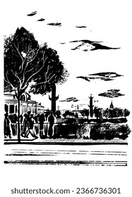 cartoon picture, view of people on the embankment of Vasilievsky Island, the arrow of Vasilievsky Island and raster columns in St. Petersburg, sketch, hand drawn digital vector illustration
