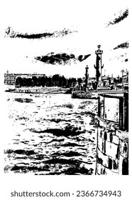 cartoon picture view of the Spit of Vasilyevsky Island and raster columns in St. Petersburg, sketch, hand drawn digital vector illustration