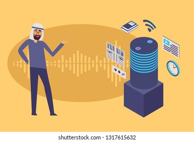 Cartoon picture with Voice assistance vector concept illustration with arabian man, smart speaker voice assistant and sound recognizer help service of alarm clock, notes, message, news.