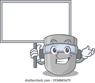 Cartoon picture of welding mask mascot design style carries a board