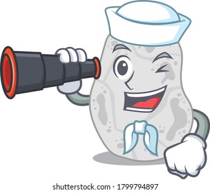 A cartoon picture of white planctomycetes Sailor using binocular