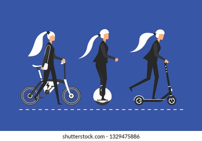 Cartoon picture with woman, girl riding, enjoying fast modern electric bicycle, futuristic bike ride, electric scooter, kick scooter, electric monowheel. Eco alternative city transport. Vector.