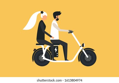 Cartoon picture with woman and man they ride fast modern electric scooter. Male and female. Enjoying futuristic bike ride. Flat style vector illustration. Yellow background.