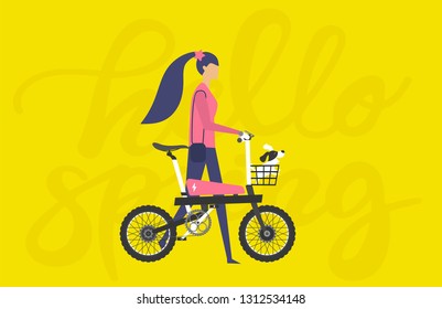 Cartoon picture with woman riding fast modern electric bicycle. Enjoying futuristic bike ride and he's walking the dog in bike basket. Flat style vector illustration. Yellow Background.