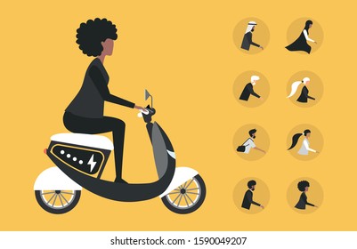 Cartoon picture with woman riding fast modern electric moto. Enjoying futuristic motorcycle ride. Eco. Flat style vector illustration. electric scooter with a box. Fast goods delivery concept design