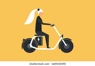 Cartoon picture with woman riding fast modern electric scooter. Female. Enjoying futuristic bike ride. Flat style vector illustration. Yellow background.