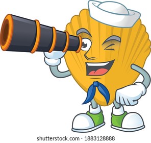 cartoon picture of yellow clamp in Sailor character using a binocular. Vector illustration
