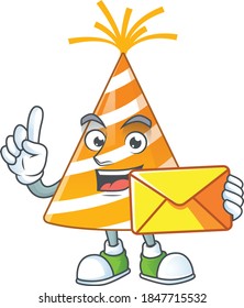 A cartoon picture of yellow party hat bring brown envelope. Vector illustration