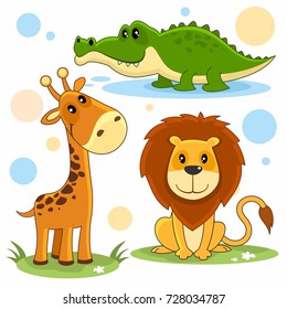 Cartoon pictures for children with the image of a lion, a giraffe and a crocodile.