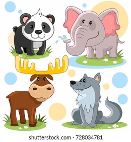 Cartoon pictures for children with the image of moose, wolf, elephant and panda.