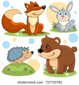 Cartoon pictures depicting a fox, a hare, a hedgehog and a bear.