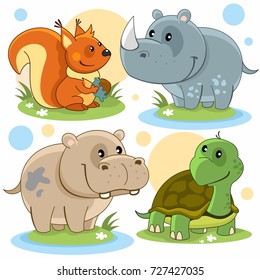 Cartoon pictures depicting squirrels, a hippopotamus, a rhinoceros and a turtle.