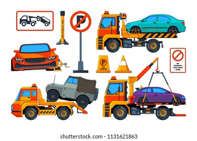 Cartoon pictures of evacuator cars. Evacuation automobile, transportation assistance evacuate, auto tow equipment, vector illustration
