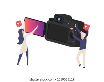 Cartoon pictures with Realistic professional camera with button and display in isometric style, people man and woman. Vector illustration.