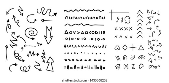 Cartoon pictures set of different arrows. Hand drawn set of lines.Marker line divider, handmade pencil strokes brush and drawing dividers.Curve frame, decoration borders or floral ornament