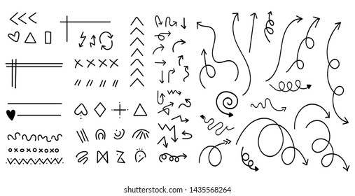 Cartoon pictures set of different arrows. Hand drawn set of lines.Marker line divider, handmade pencil strokes brush and drawing dividers.Curve frame, decoration borders or floral ornament