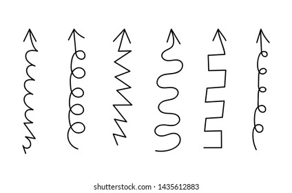 Cartoon pictures set of different hand drawn arrows. Mixed style white and black flat icons. Vector illustration. White background.