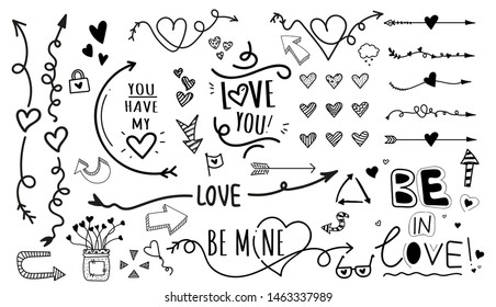 Cartoon pictures set of different hand drawn arrows and love details. Mixed style white and black flat icons. Vector illustration. White background