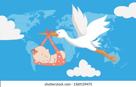 Cartoon pictures stork flying with baby at sky world map on blue background. Can be used for printing, website, presentation element, textile. Vector illustration.