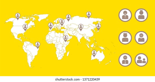 Cartoon pictures of world map infographic template and navigaton icon on background. All countries are selectable.Can use for printing, website, presentation element, textile.Vector illustration.