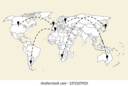Cartoon pictures of world map infographic template and navigaton icon on background. All countries are selectable.Can use for printing, website, presentation element, textile.Vector illustration.