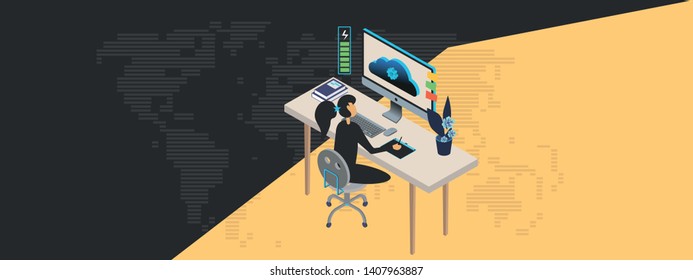 Cartoon pictures of world map infographic template on background. All countries are selectable. Girl working at the table with dasktop, computer. Vector illustration.