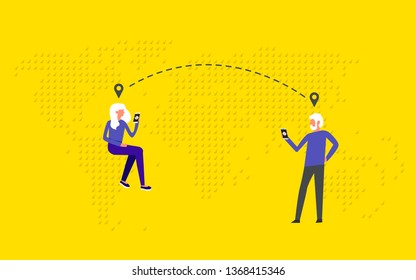 Cartoon pictures of world map with people, man, woman, smartphone, location. Can be used for printing, website, presentation element, textile. Vector illustration.