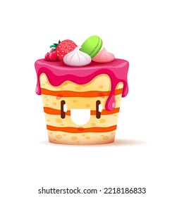 Cartoon Pie Character, Cute Fruit Cake Vector Personage Of Sweet Food. Bakery And Pastry Dessert With Funny Face, Happy Berry Tart Emoji, Decorated With Fresh Strawberry, Macarons And Marshmallows