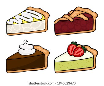 Cartoon pie slices set. Set of traditional American pies illustrations. Cute cartoon vector drawings.