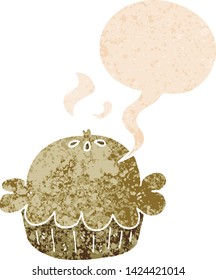 cartoon pie with speech bubble in grunge distressed retro textured style