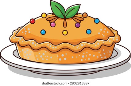 Cartoon pie vector illustration with golden crust, colorful sprinkles, green leaves, and decorative pastry design symbolizing baking, dessert, celebration, and playful food art