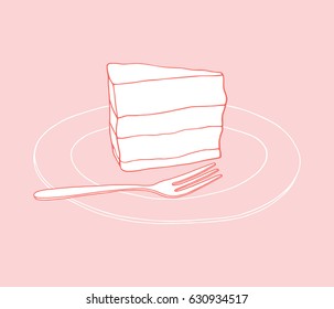 Cartoon piece of cake on the plate with dessert fork. Cafe hand drawn illustration 