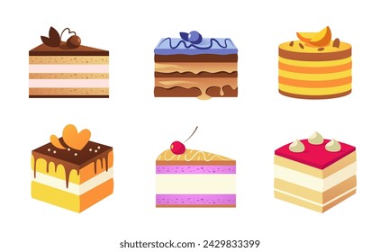 Cartoon piece of cake. Vector of cartoon cake food, sweet dessert piece illustration, isolated pastry bakery birthday, tasty cream delicious, chocolate party