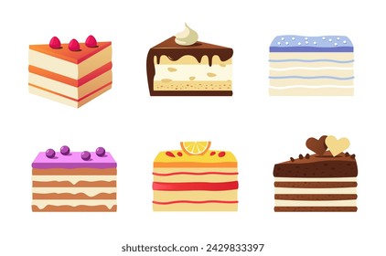 Cartoon piece of cake. Vector pastry pieces set of pastry cake, cartoon food chocolate illustration, sweet piece cream